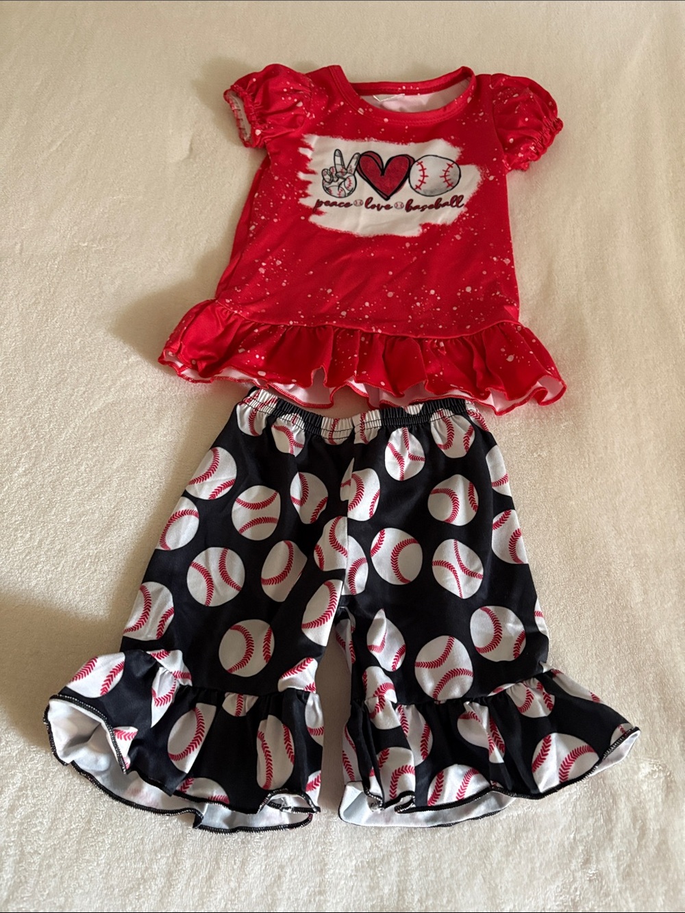 Girls Red Baseball Ruffle Top & Black Baseball Print Pants Set